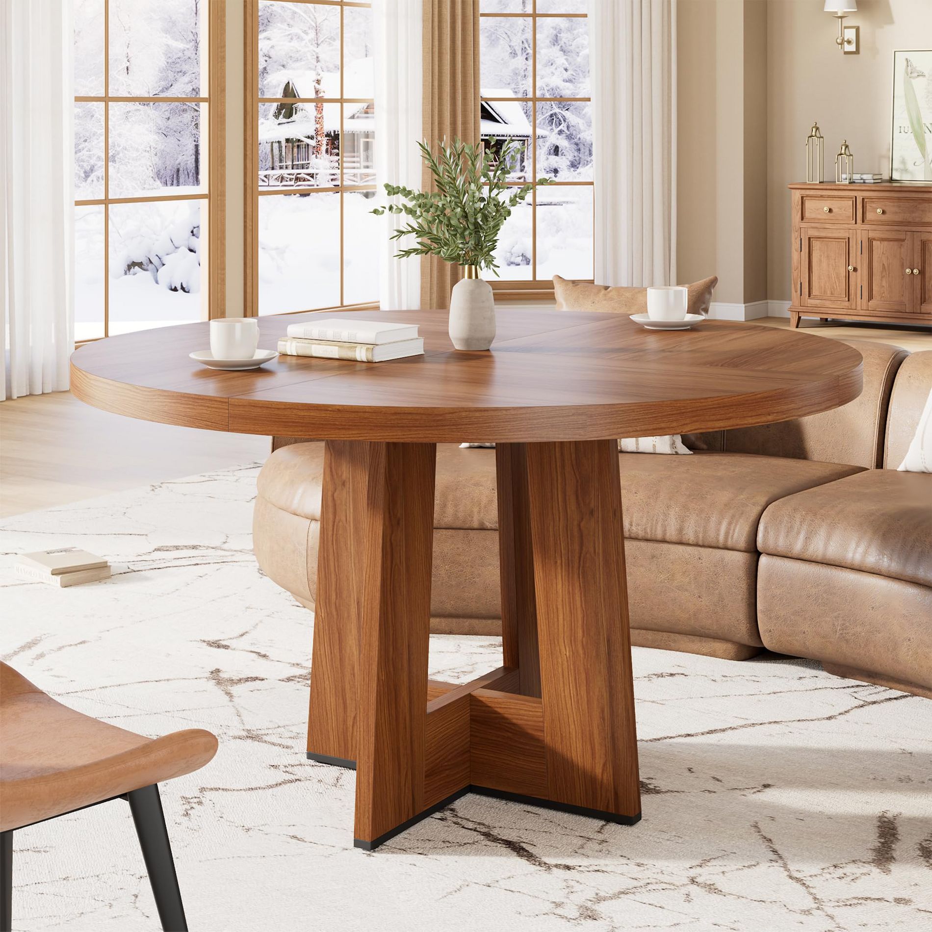 47" Round Pedestal Dining Table for 4-6, Sturdy MDF Kitchen Desk with Easy Assembly, Space-Saving Circle Table for Small Apartment Living Room,Walnut