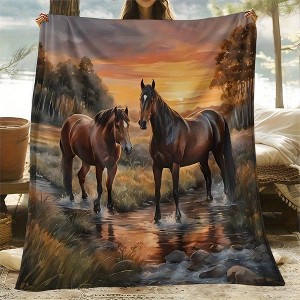 1pc Soft And Cozy Sunset with Horse Warm Scene Pattern Design Printed Blanket, Portable Blanket for Bed, Travel, Office, Sofa. - 1 of 4
