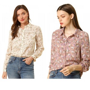 INSPIRE CHIC Women's Point Collar Long Button Sleeve Button Down Floral Shirt 2 Packs - 1 of 4