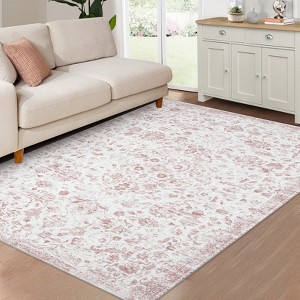 Coucheta Vintage Washable Area Rug, Low Pile Carpet, Non-Slip Rubber Backing, Soft Distressed Flower Accent Rug for Living Room, Bedroom, Office - 1 of 4