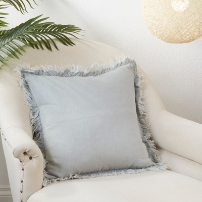 Blue-Grey 24" Ruffled Linen Down Filled Square Throw Pillow
