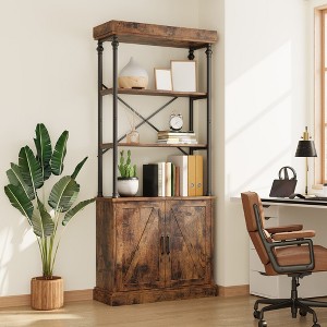 Farmhouse Bookcase with Doors, 74" Wood Bookshelf with Storage Cabinet, Vintage Open Shelf Design for Living Room, Home Office, Bedroom, Library - 1 of 4