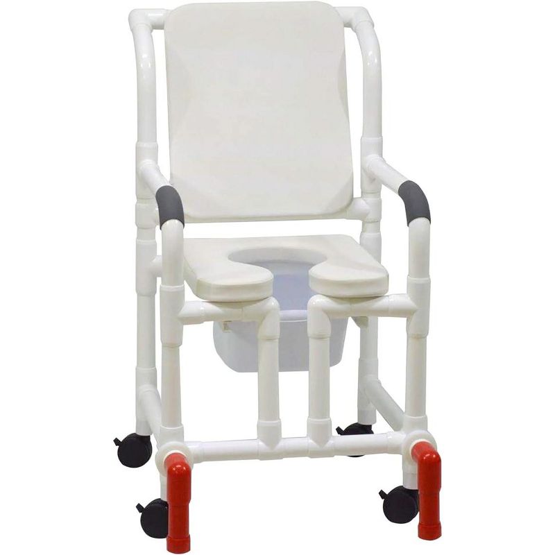 MJM International Corporation Shower chair 18 in width 3 in WHITE seat WHITE cushion padded back true open 10 qt slide mode pail 300 lb wt, 1 of 2