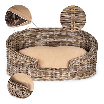 Curved Handwoven Rattan Elevated Dog Bed with Beige Cushion