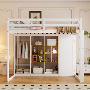 Whisen Twin Size Wood Loft Bed, Smart Storage with Wardrobe, Shelves & Cabinet, Colorful Design - 1 of 4