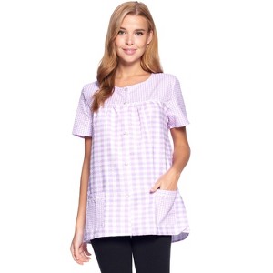 Casual Nights Women's Snap Front Smock Cobbler Woven Scrub Apron Top with Pockets - Blue Plaid - 3X-Large - 1 of 4