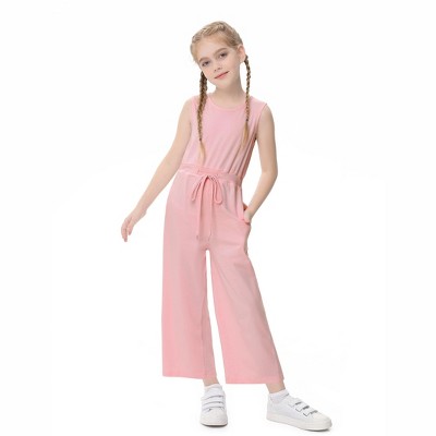 Girls' Fashion Jumpsuit Crewneck Elastic Waist Long Pants Romper with Pockets