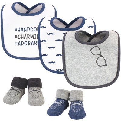 Hudson Baby Infant Boy Cotton Bib and Sock Set 5pk, Handsome Charming Adorable, One Size