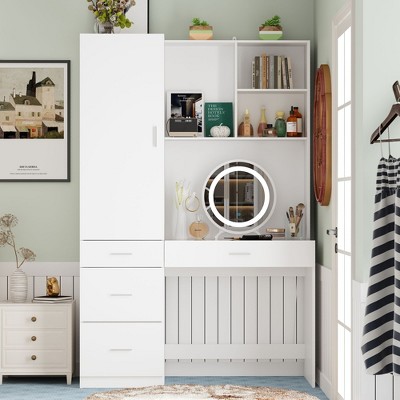Famapy White Armoire With Vanity Table and Mirror Versatile Wardrobe
