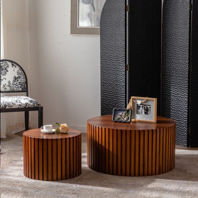 NicBex Set of 2 Round Handcrafted Relief Coffee Table for Living Room,Cylinder End Table for Small Space,Accent Side Table