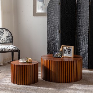 NicBex Set of 2 Round Handcrafted Relief Coffee Table for Living Room,Cylinder End Table for Small Space,Accent Side Table - 1 of 4