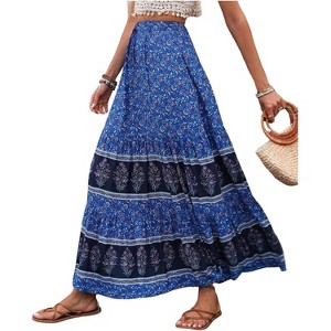 Women's Boho Maxi Skirt - Flowy Flared Ruffle Design for Summer & Going Out Outfits Boho Blue - 1 of 4