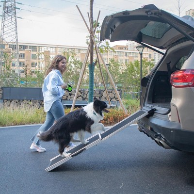 DOMETOUR Pet Ramp Ladder Foldable Aluminum Step Ramp Dog Ramp Climbing Ladder with PVC Handle Non-slip Foot Mats for Most Sized Dogs Black