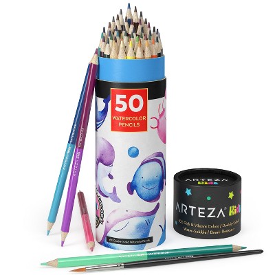 Arteza Kids Colored Pencils with Watercolor Brush, Double-Sided watercolor - 50 Piece (ARTZ-4276)