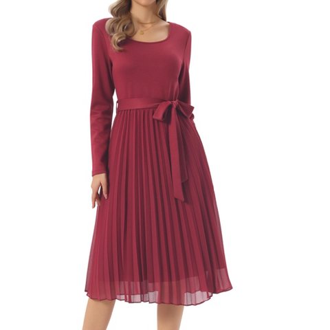 Женские платья INSPIRE CHIC Women's Flowy Long Sleeve Crew Belted Pleated Casual A Line Midi Dresses Wine Red Small