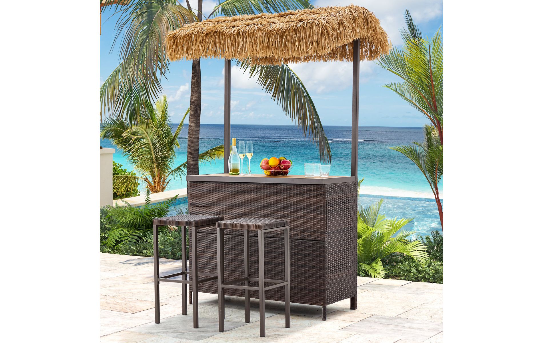 EROMMY Outdoor Tiki Bar Set, Wicker Patio Bar w/2 Stools, Storage Shelf for Backyard Poolside Garden