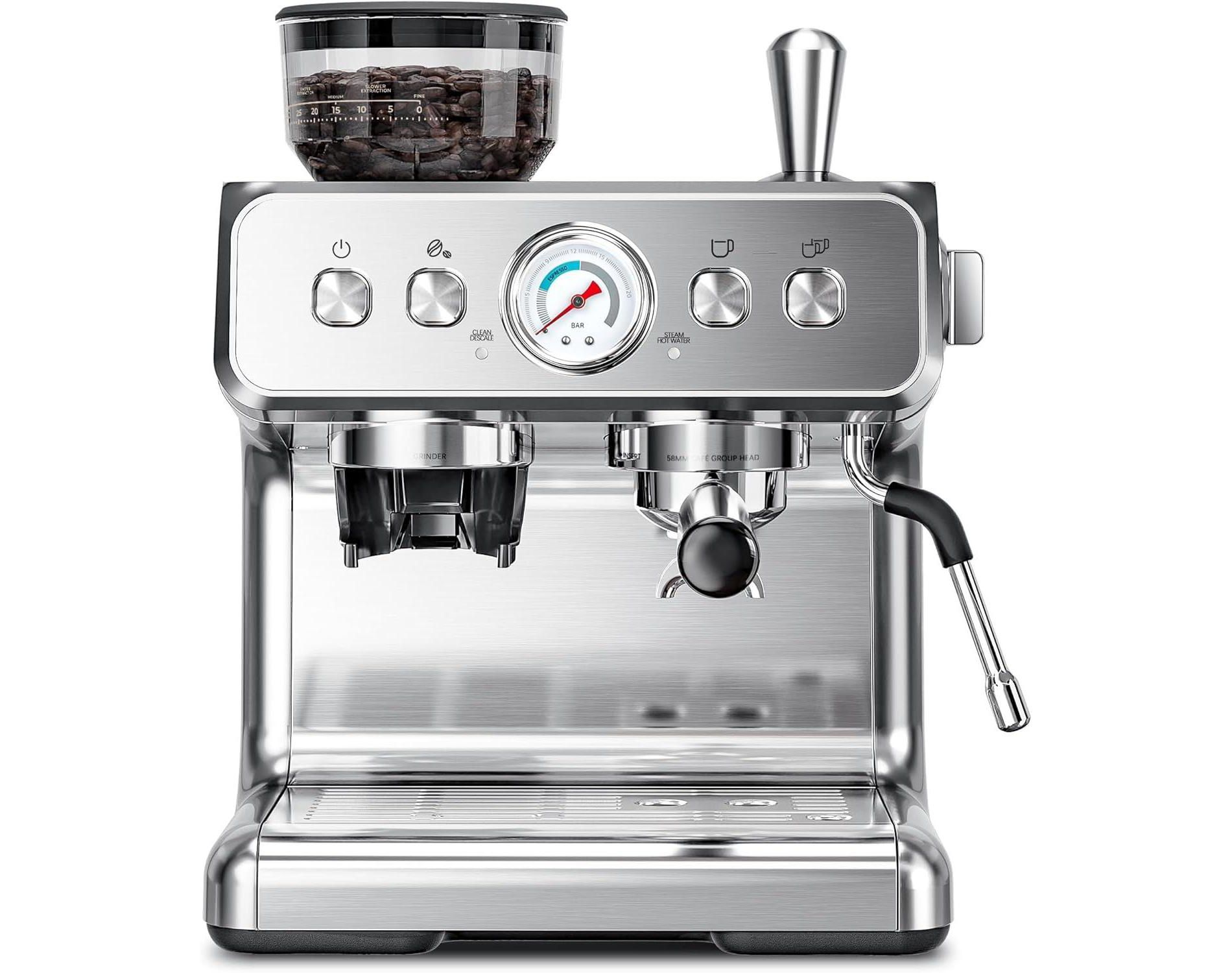 R.W.FLAME Espresso Machines with grinder, 20 Bar Professional Espresso Maker with Milk Frother Steam Wand&Removable Water Tan for Home,Stainless Steel
