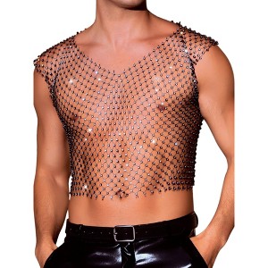 INSPIRE CHIC Men's V-Neck Sleeveless Party Shiny Mesh Rhinestone Tank Top - 1 of 4