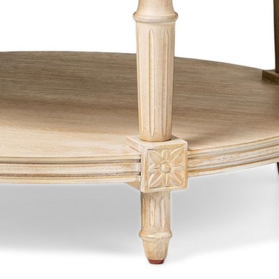 Antiqued White Round Wooden Coffee Table with Shelf Storage