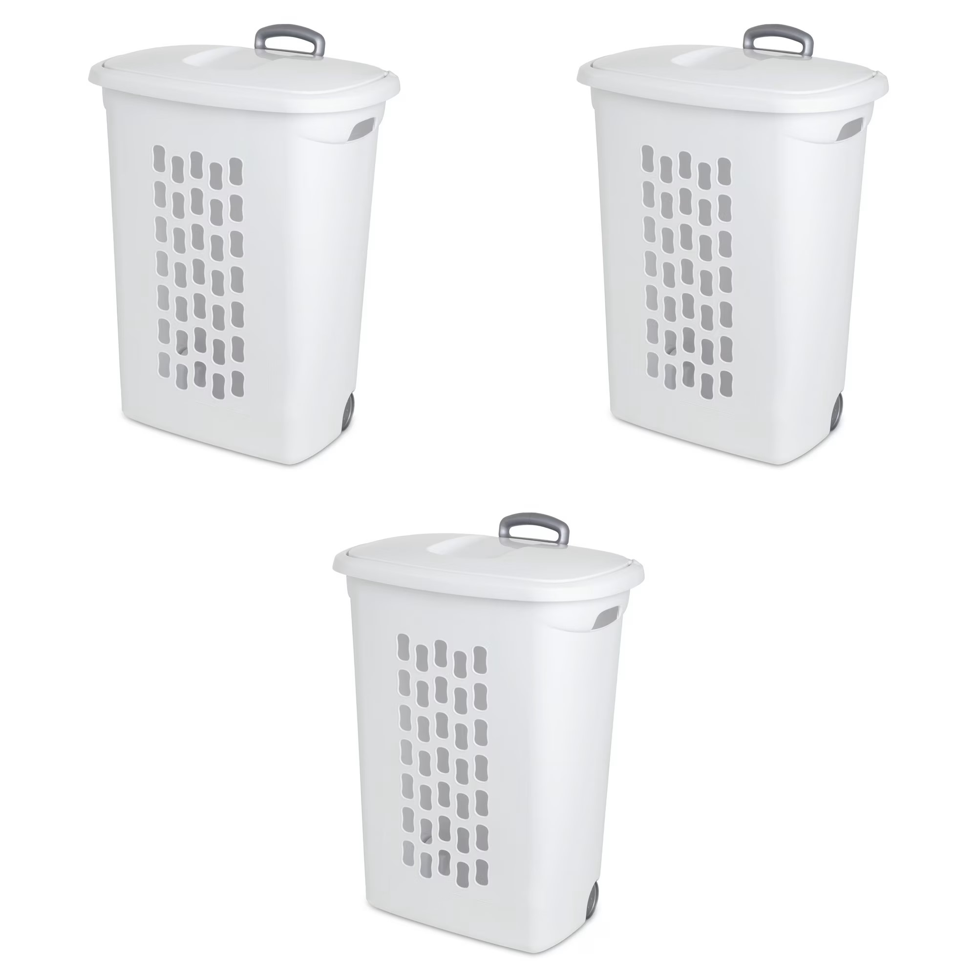Sterilite Laundry Hamper Flip Top Lid Retractable Pull Handle Wheels, (3 Pack)