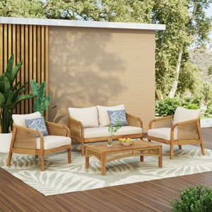 FIONECA 4-Piece Acacia Wood Patio Furniture Set, Outdoor Conversation Set with Coffee Table & Cushions, Brown Frame + Beige Cushions - 1 of 4