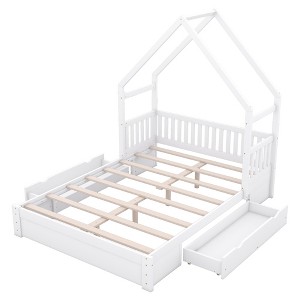YNXARIA White Wood Queen House Platform Bed Equipped with Guardrails and 2 Drawers - 1 of 4