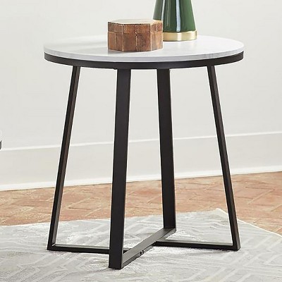 FURNIinspire End Tables Faux Marble Matte End Table Night Stand Round Side Table Living Room Sofa Table for Home Office, White, 23"*23"*24"
