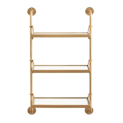 Gold Metal Three-Tier Floating Wall Shelf with Glass