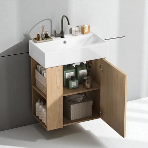 21.6'' Wall-Mounted Bathroom Vanity with Ceramic Sink, Left Side Open Storage, Wave Pattern Door, Soft-Close, Floating Cabinet - 1 of 4