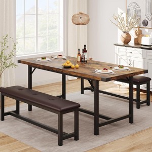 3-Piece Extendable Wooden Dining Set ¨C Stretchable Table with 2 Upholstered Benches, Dining Table Set for 4-6, Space-Saving Retro Farmhouse Set - 1 of 4