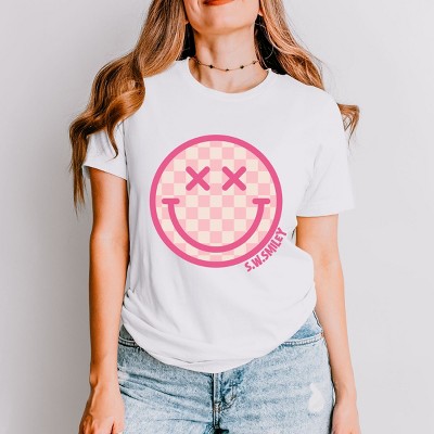 Simply Sage Market S.W.Smiley Pink Checker Smiley Face Short Sleeve Tee - XL - White