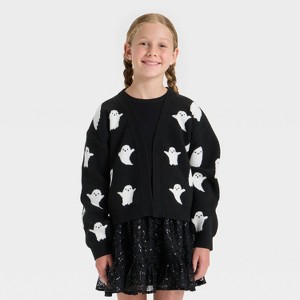 Girls' Long Sleeve Halloween Cardigan Sweater - Cat & Jack™ Black - 1 of 3