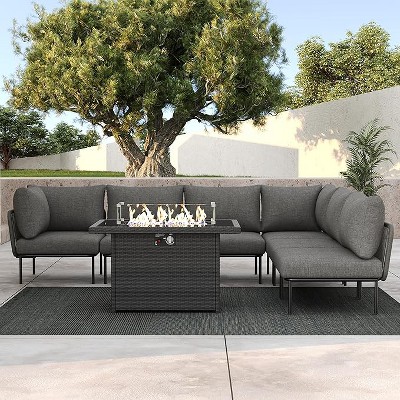 LayinSun 7 Pieces Rope Woven Patio Furniture Set, Modern Modular Sectional Sofa with Fire Pit Table and Upgrade Thickness Cushion