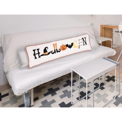 White and Orange Halloween Embroidered Throw Pillow