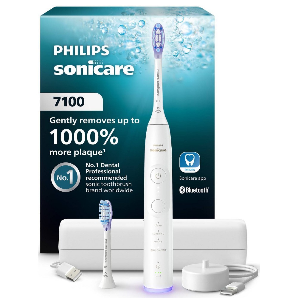 Philips Sonicare 7100 Rechargeable Electric Toothbrush with Travel Case - White: Medium Bristle, Nylon, Includes 2 Brush Heads