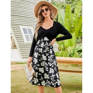 Coolmee Women Casual Smocked Sweetheart Neck Color-Block Long Sleeve A Line Flowy Midi Dress - 1 of 4
