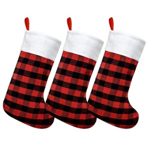 Wrapables Christmas Buffalo Plaid Stockings With Plush White Cuff, Hanging Fireplace Holiday Decoration (Set of 3), Red - 1 of 4