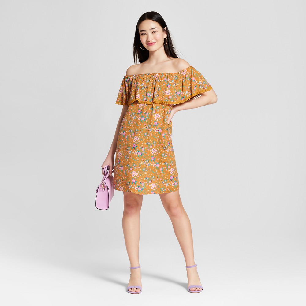 Women's Floral Print Off the Shoulder Dress - Everly Clothing (Juniors') Gold M, Size: Small, Orange was $37.99 now $11.39 (70.0% off)