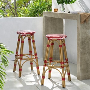 Outdoor PE Ratten and Aluminum 29.5" French Backless Barstools, Set of 2, Red, Bamboo Print Finish - 1 of 4