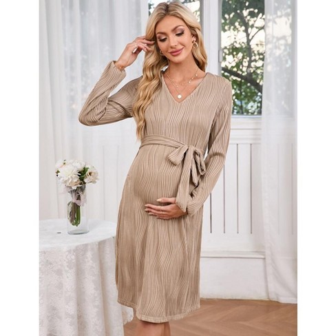 MISSKY Women Long Sleeve Maternity Nursing Dress Casual V Neck Breastfeeding Ribbed Knit Belt Pregnancy Dresses Khaki X Large