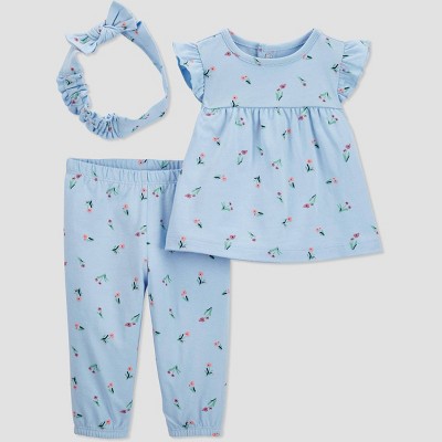 Image of Baby Girls' 3pc Floral Top and Bottom Set with Headband - Just One You® made by carter's Blue 6M