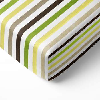 Bacati - Multicolor Stripes Green Yellow Beige Chocolate 100 percent Cotton Universal Baby US Standard Crib or Toddler Bed Fitted Sheet
