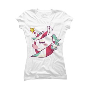 Junior's Design By Humans Striped Christmas Unicorn By rasok T-Shirt - 1 of 3
