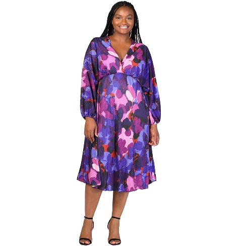 24seven Comfort Apparel Plus Size Multicolor Pleated V Neck Empire Waist Bishop Sleeve Midi Dress - image 1 of 3