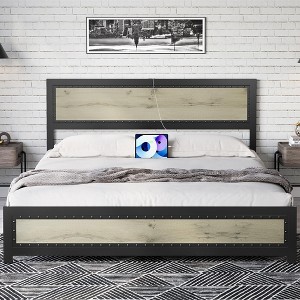 Bed Frame, New Metal Bed Frame with Charge Station, Industrial Platform with Wooden Headboard, Easily Assembly, No Box Spring Needed, Wash Grey - 1 of 4
