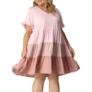 Agnes Orinda Women's Plus Size Color Block Ruffle Short Sleeve Flowy Chambray Mini Babydoll Dress - 1 of 4