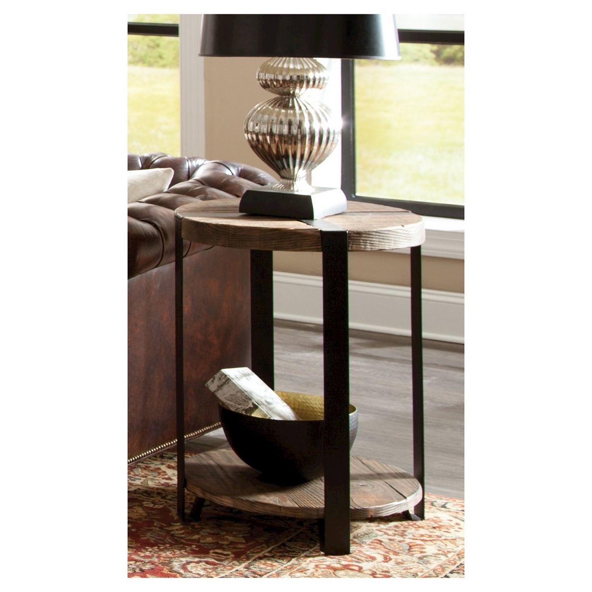 20" Modesto Diameter Round End Table Brown - Alaterre Furniture: Rustic Industrial Style, Fixed Shelf, Metal Frame - thumbnail 2