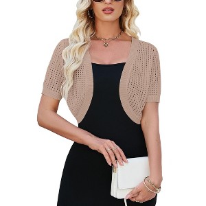 Womens Lightweight Shrugs Short Sleeve Open Front Cropped Cardigan Crochet Knit Sweater - 1 of 4