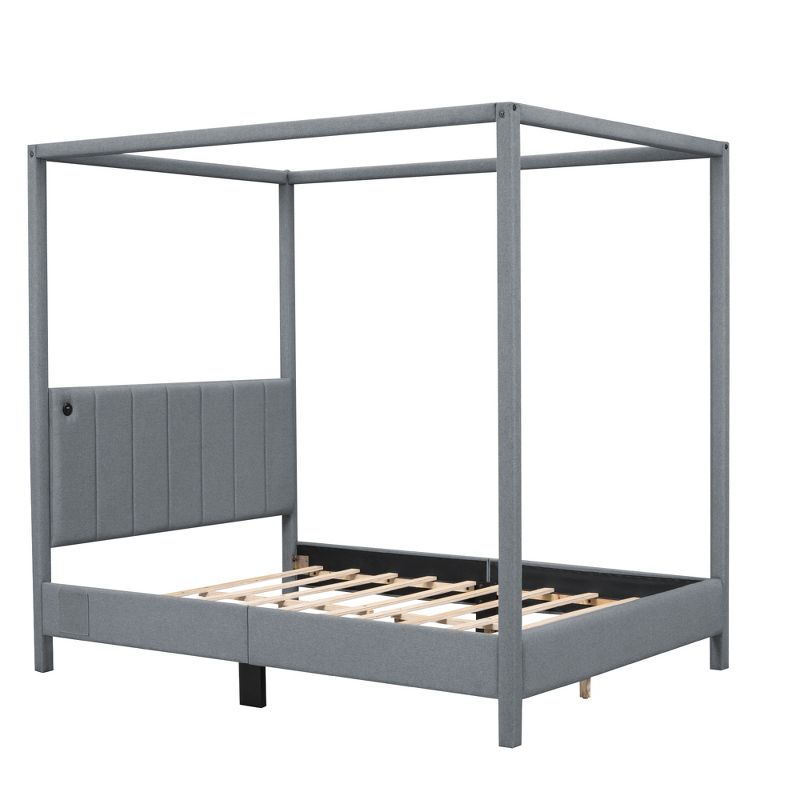 Full/Queen Size Canvas Fabric Canopy Platform Bed with USB and Type-C Ports - ModernLuxe, 4 of 11
