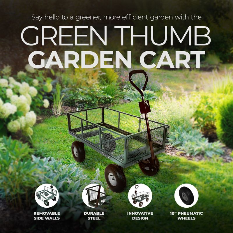 Green Thumb 4 Wheel Powder Coated Steel Garden Cart with Removable Mesh Sidewalls and Handles, Convertible to Trailer Hitch For Easy Towing, Green, 2 of 7